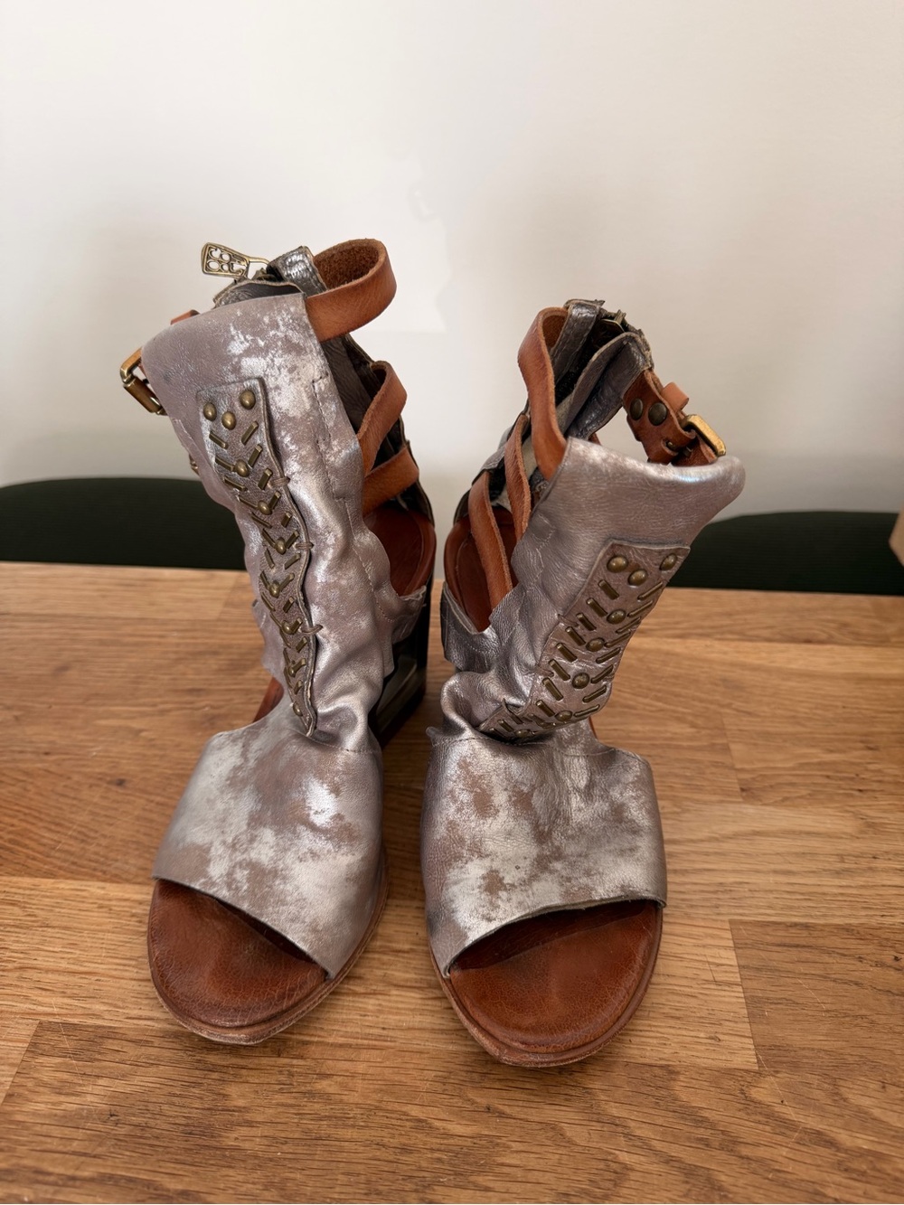 A.S.98 Silver and Brown Studded Open-Toe Platform Sandals